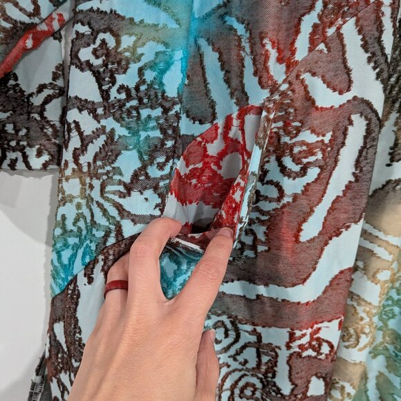 Creation Flocked 3/4 Sleeve Blouse with Pocket Turquoise Brown Rust Size XXL - Picture 2 of 6